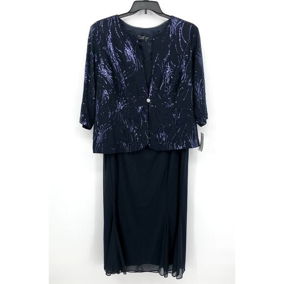 ALEX EVENINGS Chiffon & Sequin Dress & Jacket Set 18W Navy Blue Formal NWT - Picture 4 of 15